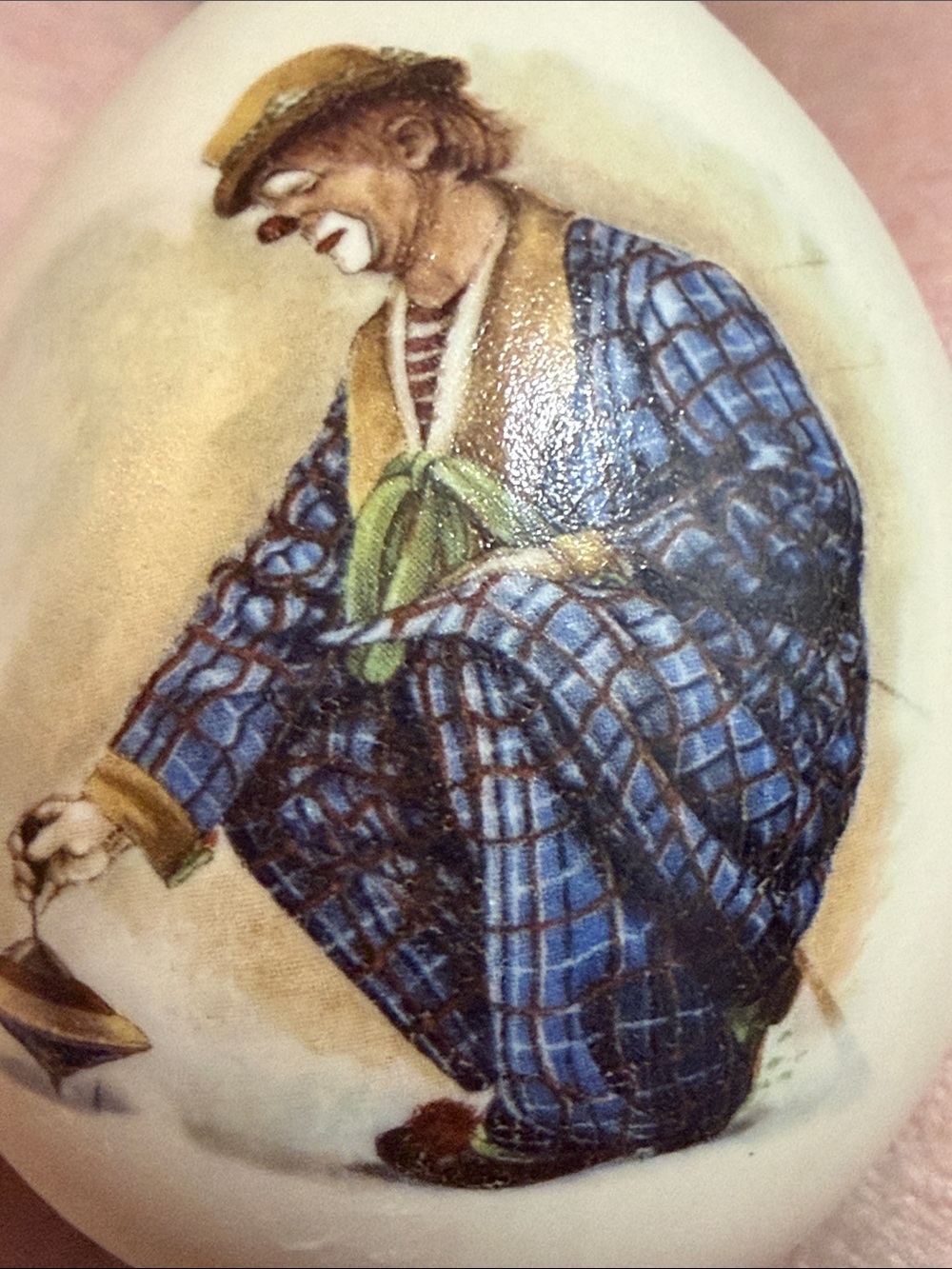 Vintage porcelain Egg decor Clown with top collectible knick knack bisque
